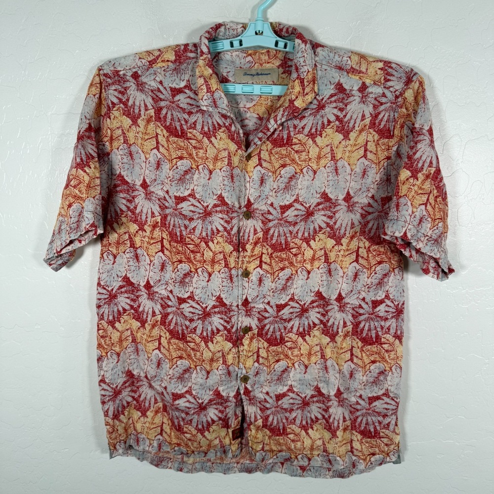 Tommy Bahama Shirt Mens Large Linen‎ Red Hawaiian Camp Short Sleeve Floral Palms